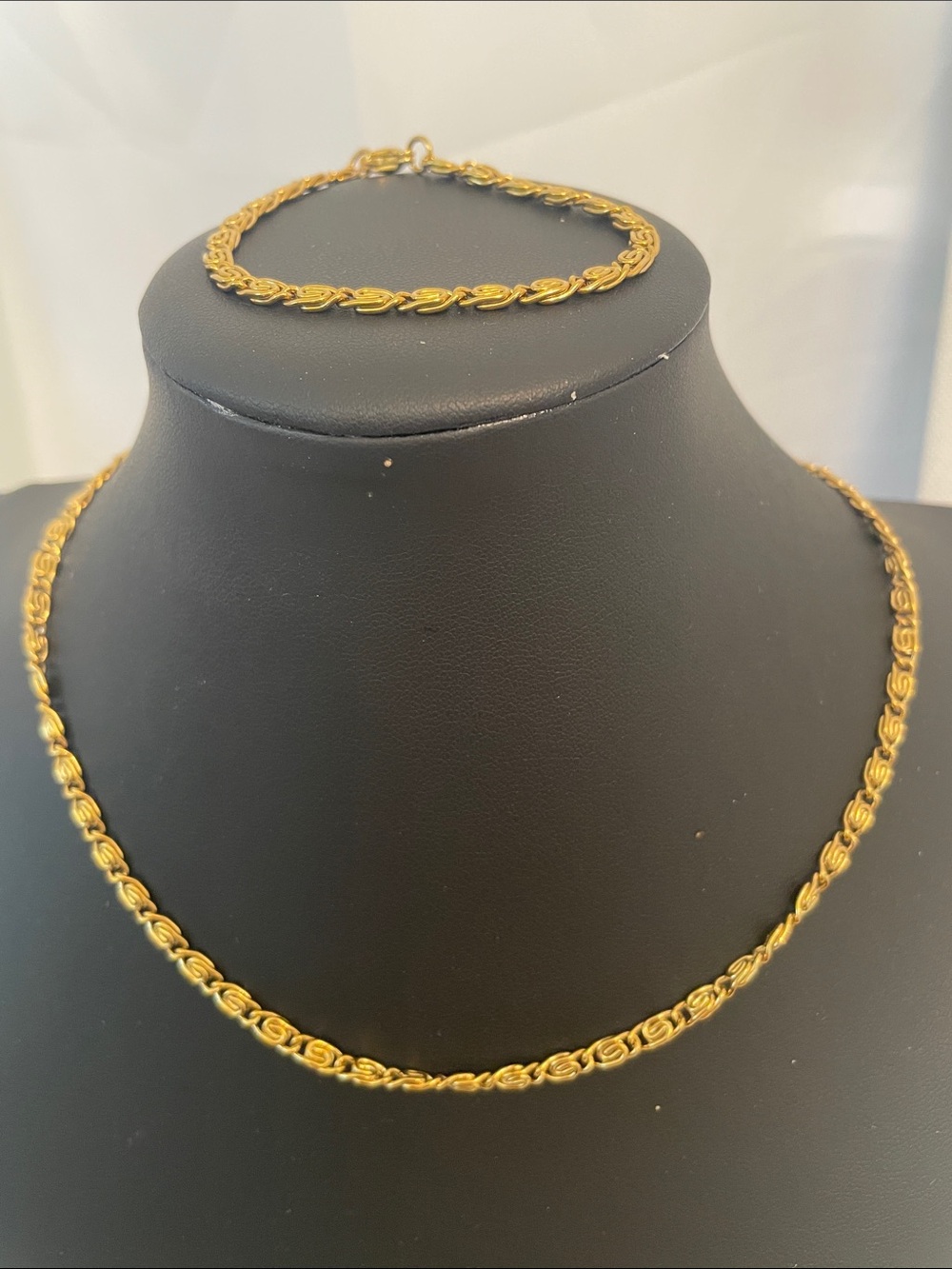 Stainless Steel Gold Tone S Link Necklace & Bracelet Set 16” w/2” ext & 6.5 w/2”